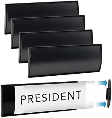 GlossyEnd Set of 6 &ndash;SturdyElegant Black Aluminum Wall Mount Name Plate Holder, Office Business Door Curved Sign Holder with Adhesive Tape, 8&rdquo; X 3&rdquo; - Plastic Film Included, Paper Inserts NOT Included.