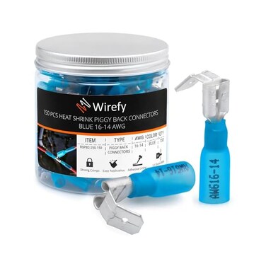 Wirefy 150 PCS Heat Shrink Piggyback Spade Connectors - 3 Way Spade Connector Kit - Quick Disconnect Electrical Terminals - Blue 16-14 AWG.