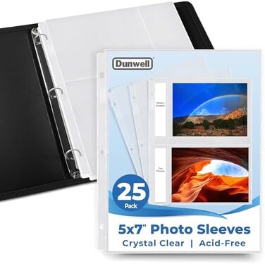 أكمام صور Dunwell مقاس 5x7 للمجلدات ذات 3 حلقات، (عبوة من 25 قطعة لـ 100 صورة، كل ورقة تتسع لأربع صور أو بطاقات بريدية مقاس 5x7، صفحات إعادة تعبئة ألبوم الصور مصنوعة من بلاستيك بولي خالٍ من الأحماض).