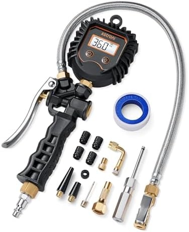 مقياس ضغط الإطارات الرقمي AstroAI، مقياس نفخ الإطارات شديد التحمل 250PSI ملحقات ضاغط الهواء مع خرطوم مضفر من الفولاذ المقاوم للصدأ، قرص دوار، وصلة توصيل سريعة للشاحنات/المركبات الترفيهية/سيارات الدفع
