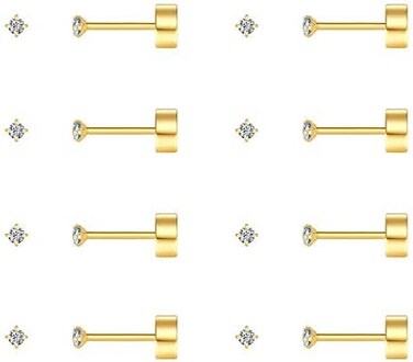 FOSIR 8 Pairs Tiny Flat Back Earrings for Women Men 14K Gold Plated Surgical Stainless Steel Stud Earrings Set Cubic Zirconia Cartilage Earring Hypoallergenic Piercing Jewelry, 2-4mm.