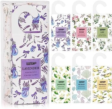 MYARO Sachets for Drawers and Closets Sachet Bags Closet Air Fresheners Hanging Large 12 Packs Potpourri Bags Long-Lasting 6 Scents Option- Lavender, Rose, Jasmine, Ocean, Vanilla, Lily.