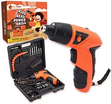 JOY TOWN Kids Real Power Drill Set &ndash; Electric Cordless Drill Tool Kit for Children with Interchangeable Bits, Flexible Shaft, Charger, All in Carrying Case, Learning Tools for BoysGirls Home DIY.