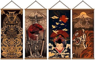 WEROUTE Warrior's Dreams Canvas Wall Art Print Poster Armored Helmet Samurai spirit with Scroll Wood Framed Ready to Hanger Home Karate Hall Sushi Restaurant Decor 16&rdquo;x35&rdquo; (4pcs japan poster.