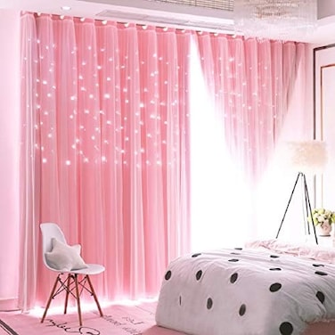 UNISTAR 2 Panels Stars Blackout Curtains for Bedroom Girls Kids Baby Window Decoration Double Layer Star Cut Out Aesthetic Living Room Decor Wall Home Curtain,W52 x L63 Inches,Pink.