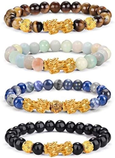 EIELO Feng Shui Pixiu Good Luck Bracelets for Men Women Natural Gemstone Healing Energy Obsidian Pi Yao Dragon Charm Beaded Bracelet Attach Wealth Money Jewelry.