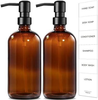 GM GMISUN GMISUN Amber Glass Soap Dispenser, 2 Pack Bathroom Hand Soap Dispensers with Stainless Steel Pump, 17 Fl Oz Kitchen Hand and Dish Soap Dispenser Set, Modern Vintage Liquid Brown Soap Dispens