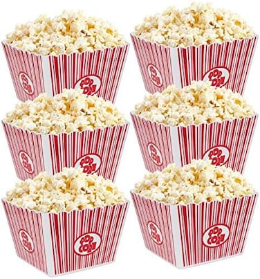 Hedume 6 Pack Popcorn Containers, Plastic Movie Theater Style Popcorn Container Set, RedWhite Striped Classic Popcorn Boxes for Movie Night, Reusable (Square, 9" x 9" x 6".