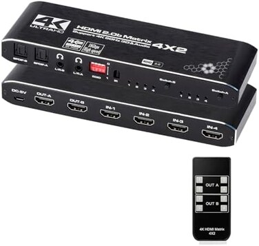 موزع إشارة HDMI من Anber-Tech، مصفوفة 4x2، مصفوفة HDMI بدقة 4K، صندوق مقسم ومحول 4 مداخل ومخرجين مع مستخرج EDID وجهاز تحكم عن بعد بالأشعة تحت الحمراء، يدعم دقة Ultra 4K HDR، و4Kx2K@60Hz، و3D، و1080P،