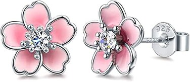 AllenCOCO Pink Flower Earrings for Women, 925 Sterling Silver Stud Earrings, Cute Plumeria Earrings For Girl, Cherry Blossom Hypoallergenic Stud.