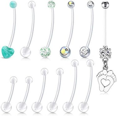 Longita Plastic Pregnancy Belly Button Rings Long Bar Navel Rings for Maternity Sport Pregnant Women Flexible Clear Belly Piercing Retainer Different Length bar and Balls for Replacement 10-32mm.
