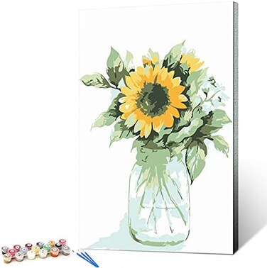 Ginkko Paint by Numbers Kit for Adults BeginnerKids Ages 8-12 with Wooden Frame Easy Acrylic on Canvas 9x12 inch with Paints and Brushes, Vase Sunflower(Include Framed.