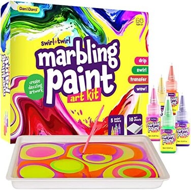 Dan&amp;Darci DanDarci Marbling Paint Art Kit for Kids - Arts and Crafts for GirlsBoys Ages 6-12 - Craft Kits Art Set - Best Tween Paint Gift, Ideas for Kids Activities Age 4 5 6 7 8 9 10 Marble Painting.