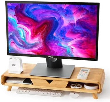 Homerays Bamboo Monitor Stand Riser, No Assembly Required Exquisite Monitor Stand with Drawer, Ergonomic Height Wood Monitor Stand.