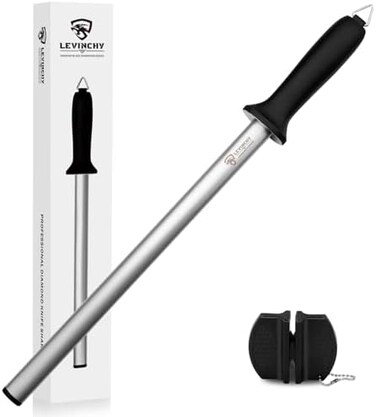LEVINCHY Diamond Knife Sharpening Steel 12 inch, Professional Diamond coating Honing Steel, Premium Diamond Knife Sharpener Rod for all knives, LightweightDurable.