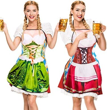 Whaline 2Pcs Oktoberfest Apron, Female Dirndl Costume Outfit, German Oktoberfest Dress, Novelty Apron for Kitchen Cooking BBQ Party (Red, Green.