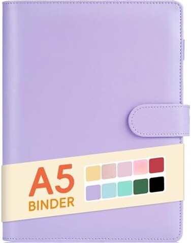 Sooez A5 binder 6 Ring, Refillable Notebook Planner Cover, Small Leather Organizer Empty Binder for Budget,Journal,Photocard Holder,Recipe Book, Aesthetic Loose Leaf Binder with Magnetic Buckle,Purple