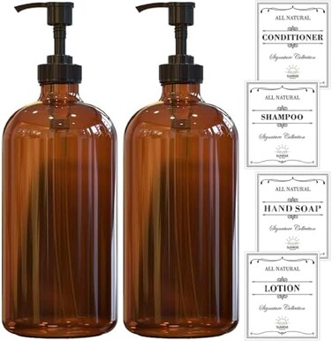 Sunrise Premium Amber Glass Soap Dispenser with Plastic Pump, 16 Oz Pack of 2 Brown Dish and Hand Soap Dispenser Set Refillable Reusable Apothecary Soap Pump Dispenser bottles for Bathroom and Kitchen