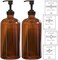 Sunrise Premium Amber Glass Soap Dispenser with Plastic Pump, 16 Oz Pack of 2 Brown Dish and Hand Soap Dispenser Set Refillable Reusable Apothecary Soap Pump Dispenser bottles for Bathroom and Kitchen