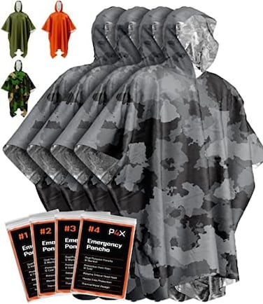 PREPARED4X Emergency Rain Poncho with Mylar Blanket Liner - Survival Blankets for Car - Heavy Duty, Waterproof Camping Gear, Tactical Prepper Supplies&ndash; 4 Pack (Camo.