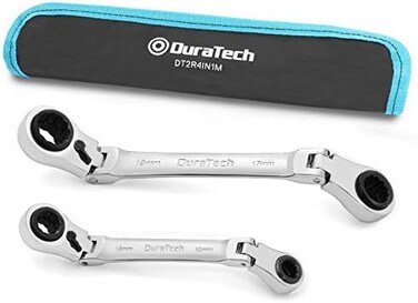 DURATECH 4-in-1 Flex-Head Reversible Ratcheting Box Wrench Set, Metric, 2-Piece, 8mm to 19mm, 12 Point, CR-V Steel, with Rolling Pouch.