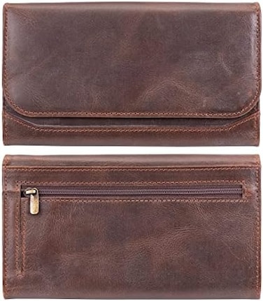 moonster Leather Purses for Women, Real Leather Womens Purse w/RFID Protection, Large Capacity Ladies Purse &ndash; 2 Zip, 3 Open2 Clear Pockets9 Card Slots, Wallet for Women Classic Brown 20x10cm.