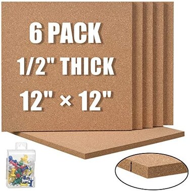 SUNGIFT Cork Board 12"x12" - 1/2" Thick Square Bulletin Boards Cork Tiles with 50 Push Pins Mini Wall, 6 Pack Self-Adhesive Corkboards for Wall.
