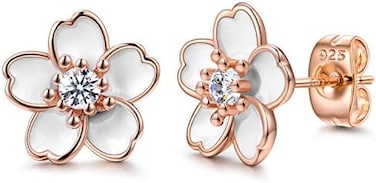 AllenCOCO 925 Sterling Silver Stud Earrings,Cute Flower Ear Studs for Women Girl,White/Black/Rose Gold Plated, Hypoallergenic Jewelry Gift, Metal, Cubic Zirconia,.