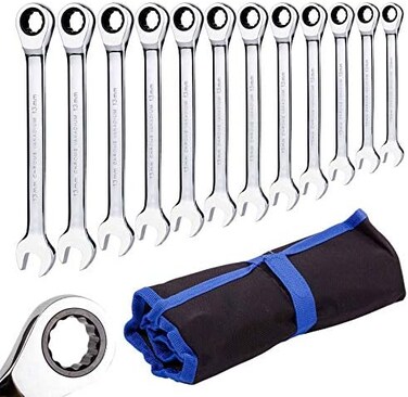 AlightYoicn Lth Ratchet Spanner Set Combination Wrench 12 Piece - Metric Sizes from 8mm to 19mm with Roll Bag, Perfect for Home, Bike, and Car Repairs.