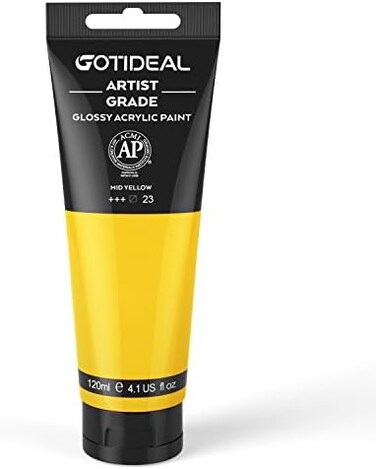 أنابيب طلاء أكريليك GOTIDEAL أصفر متوسط ​​(120 مل، 4.1 أونصة) غير سامة لا تتلاشى، أصباغ غنية للرسامين، الكبار والصغار، مثالية للقماش والخشب والطين والنسيج ومستلزمات الحرف الخزفية (أصفر متوسط).