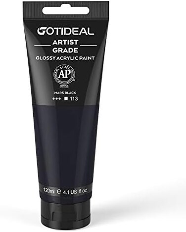 أنابيب طلاء أكريليك GOTIDEAL Mars Black (120 مل، 4.1 أونصة) غير سامة لا تتلاشى، أصباغ غنية للرسامين، الكبار والصغار، مثالية للقماش والخشب والطين والقماش ومستلزمات الحرف الخزفية (أسود مارس - لامع).