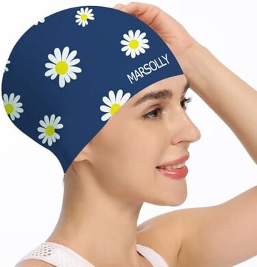 Marsolly Silicone Swim Cap for Women, Waterproof Long Hair Swimming Caps with Flower Printed.