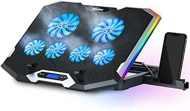 قاعدة تبريد الكمبيوتر المحمول TopMate C11 RGB، حامل مروحة كمبيوتر محمول قابل لتعديل الارتفاع مع 6 مراوح هادئة وحامل هاتف، حصيرة تبريد للكمبيوتر، لأجهزة الكمبيوتر المحمولة من 15.6 إلى 17.3 بوصة - إضاءة