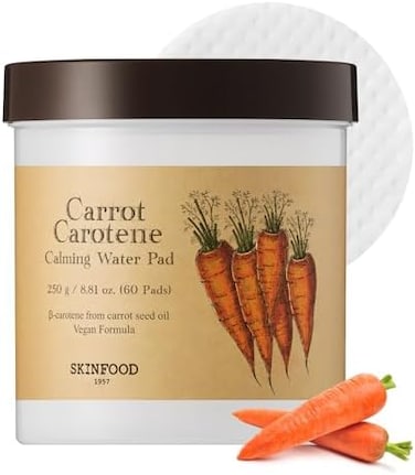 SKIN FOOD since 1957 SKINFOOD Carrot Carotene Calming Water Pad 250g (8. 81 oz.60 Sheets- Redness Relief Soothing Facial Toner Pads for Sensitive.