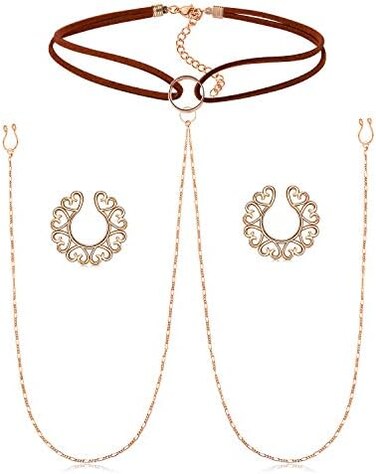 QWALIT Fake Ring Stainless Steel Non Piercing Rings Clip On Heart Nipplerings with Choker Chain Faux Body Piercing Jewelry for Women Men.
