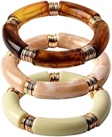 GOOJIDS Simple Beaded Gold Bangles Bracelet Chunky Bamboo Tube Curved Stacking Clear Acrylic Colorful Beads Stretchable Gold Bracelets Set For Women.