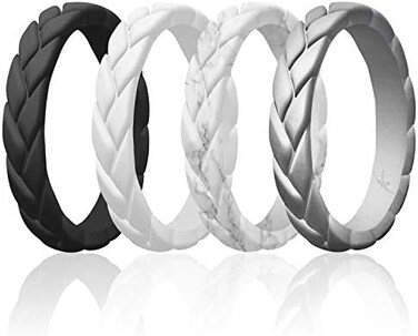 ROQ Silicone Rubber Wedding Rings for Women, Thin Stackable Rubber Silicone Wedding Band, Bridal Jewelry Set, Anniversary Rings, Promise Ring, Flame LeavesLeaves Style, Multi Packs, Multi Colors.