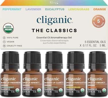 Cliganic USDA Organic Aromatherapy Essential Oils Set (Top 5, 100% Pure Natural - Peppermint, Lavender, Eucalyptus, LemongrassOrange.