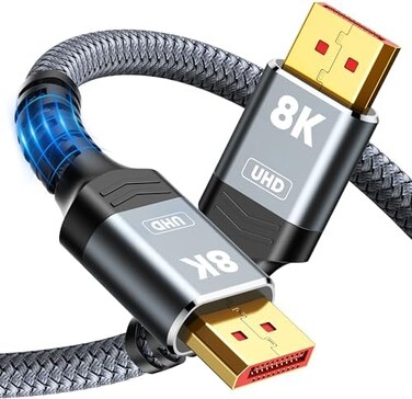 Capshi 8k DisplayPort 1. 4 Gaming Cable 10ft, DP Cable Nylon Braided/Aluminum Alloy(4K@144Hz,8K@60HzGold-Plated Ultra for Laptop PC TV etc-Gaming Monitor Cable (Grey.