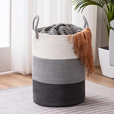 YOUDENOVA Woven Rope Laundry Hamper with Handles, Tall Laundry Basket for Blanket Storage, Heavy Duty Clothes Hamper for Bedroom-58L-Large-Dark Grey.