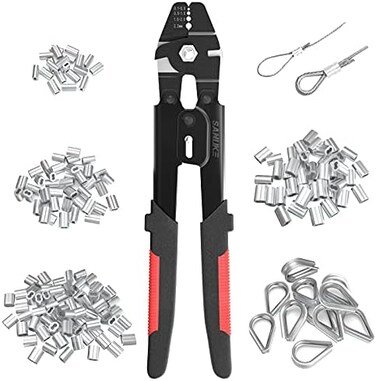 Sanuke Wire Rope Crimping Tool for 3/64 1/16 5/64 inch Aluminum Crimping Loop Sleeves Kit with 160pcs Aluminum Crimping Loop Sleeve and 10pcs Stainless Steel Thimble.