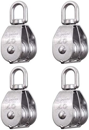 Rocaris 4 Pack M25 Double Pulley Block Stainless Steel 304 Wire Rope Crane Double Wheel Swivel Lifting Rope Pulley Block.