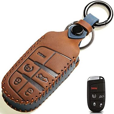 ZiHafate Leather Car Key Fob Cover, Suit for Keyless Remote Control for Jeep Grand Cherokee Dodge Challenger Charger Dart Durango Journey Chrysler 200 300 Fiat etc (A Style, Brown&acirc;&acirc;&sbquo;&not;&brvbar;.