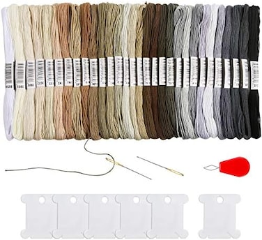 Pllieay 30 Skeins Friendship Bracelets Floss, Black to White Gradient Grey Embroidery Floss, Cross Stitch Threads with 6 Floss Bobbins, 2 Embroidery Needles and Needle Threader.