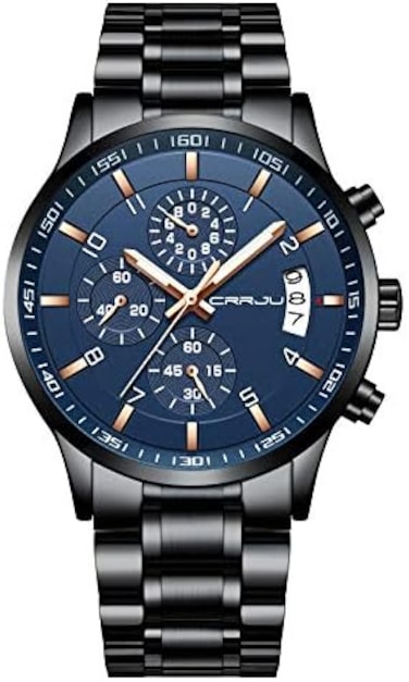 CRRJU Brand Men's Business Casual Chronograph Quartz Waterproof Wristwatch Black Stainless Steel Strap.
