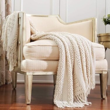 CREVENT Home Decor Farmhouse Couch Sofa Chair Bed Throw Blanket, Soft Warm Cozy Light Weight for Travelling (127X152CM Beige/Ivory.