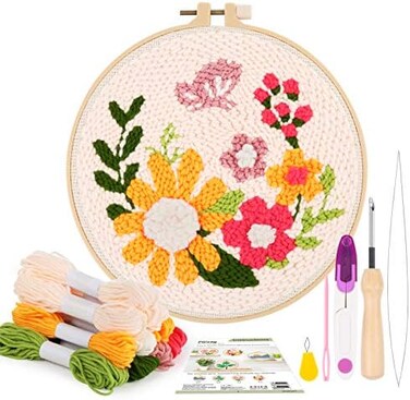 Pllieay Punch Needle Embroidery Starter Kits for Kids and Adults Beginners, Include Instructions, Punch Needle Fabric with Floral Pattern, Yarns, Embroidery Hoops and Threader Tools.