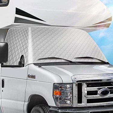 EXCELFU RV Windshield Cover Compatible with Ford Class C 1997-2023 RV Front Window Cover RV Motorhome Windshield Cover RV Window Shade Sunshade Cover Snow Cover with Mirror Cutouts.