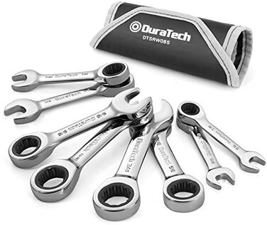 DURATECH Stubby Ratcheting Combination Wrench Set, SAE, 8-Piece, 5/16'' to 3/4'', CR-V Steel, with Rolling Pouch.