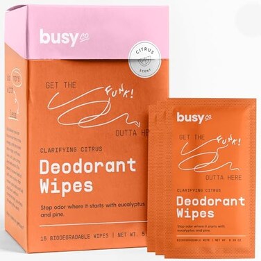 مناديل مزيلة للعرق من مجموعة BUSYCO Refresh Line - 15 منديل مزيل للعرق للنساء مع الزنك والبروبيوتيك - مناديل مزيلة للعرق مغلفة بشكل فردي - مناديل للعرق لتنظيف البشرة بشكل طبيعي وإزالة رائحة العرق.